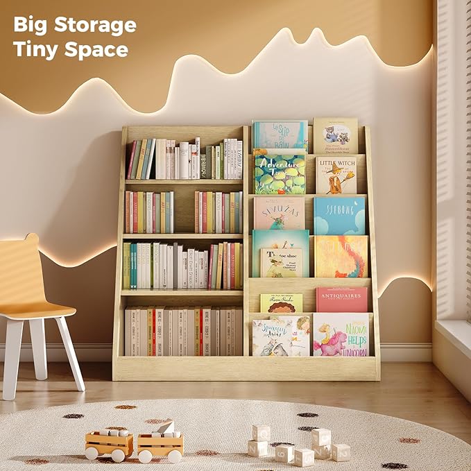 Tatub 6 Tier Kids Wooden Bookshelf and Toy Storage, Children Toy Organizer with Book Shelves, Toddler BookRack Baby Bookcase for Nursery, Playroom and Classroom, Natural Wood