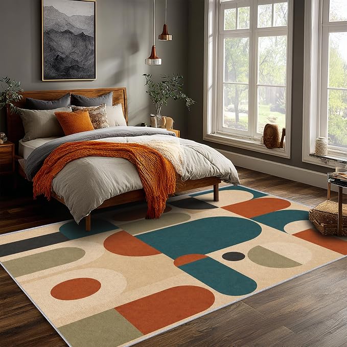 Teal Rust Area Rug 3x4, Mid Century Modern Mosaic Geometric Rug, Retro Abstract Color Block Washable Low Pile Non Slip Rug for Living Room Bedroom