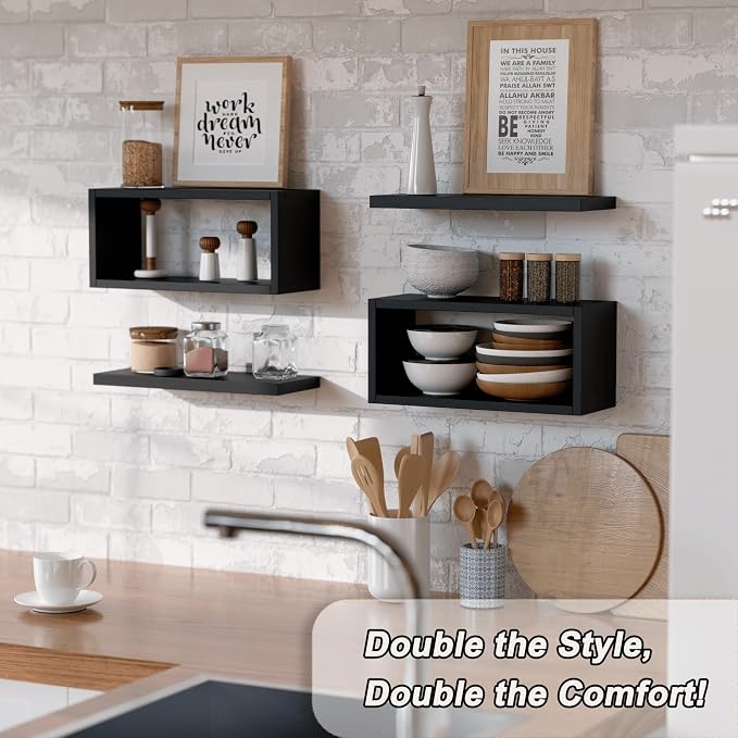 RICHER HOUSE Floating Shelves Bathroom, Black Floating Shelves for Wall, Above Toilet Bathroom Shelves, Wall Mounted Hanging Shelves for Bedroom, Kitchen, Living Room Decor - Black