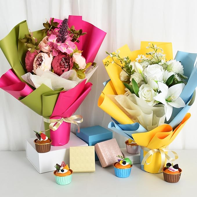 BEISHIDA 20 PCS Yellow Floral Wrapping Paper-Matte Waterproof Flower Wrapping Paper Bouquet for Florist Supplies, DIY Crafts, Gift Packaging, Wedding, Birthday Gift