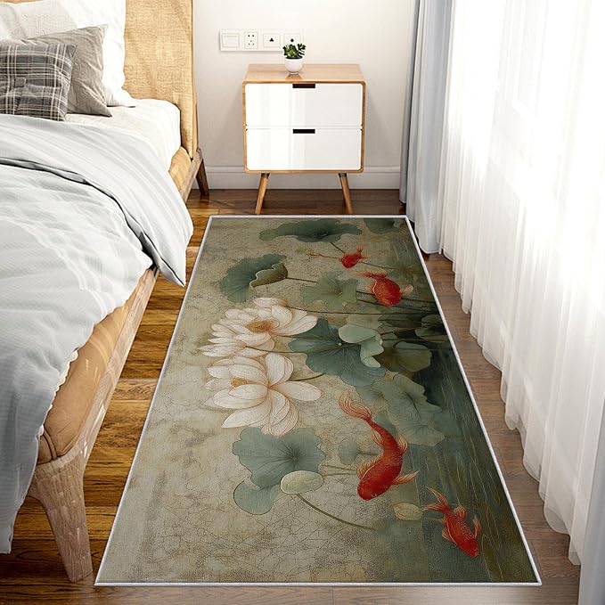 Lotus Flower Runner Rug 4x10, Koi Fish Design, Asian Art Area Rug, Washable Non-Slip Floor Carpet Runner for Bedroom, Dining Room, Living Room Aisle