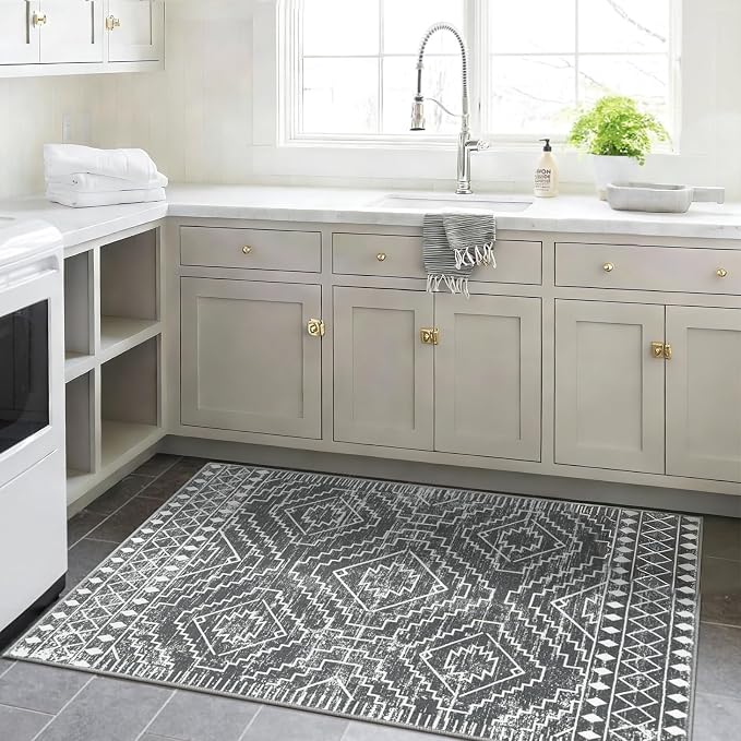 Wonnitar Moroccan 3x5 Washable Area Rug, Boho Living Room Rug, Non-Slip Farmhouse Rustic Bedroom Throw Mat, Non-Shedding Soft Geometric Floor Carpet for Kitchen Entry Office (Dark Grey,3'x5')