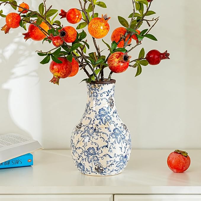 Sungmor Blue and White Ceramic Flower Vase, Vintage Ice Cracked Glaze Porcelain Vase, Pretty Centerpieces Flower Arrangement Vase for Home Decor, 8.2 Inch Decorative Vases for Table, Shelf, Mantel