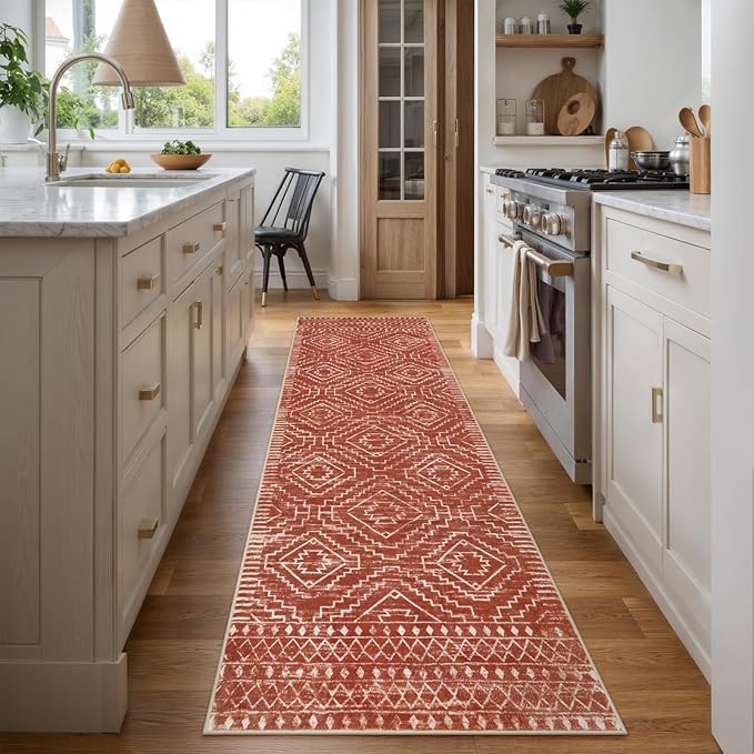 Wonnitar Moroccan 2'6"x8' Hallway Runner Rug, Washable Long Farmhouse Laundry Room Rug Runner, Non-Skid Boho Tribal Geometric Floor Carpet Runners for Kitchen Entrance Bathroom (Brown,2'6"x8')
