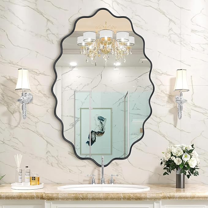 Oval Wavy Wall Mirror -Irregular Wall Mirror with Black Asymmetrical Aluminum Alloy Frame,22"x30" Decorative Wall Mirrors for Bathroom, Bedroom, Living Room, Dining Room，Entryway