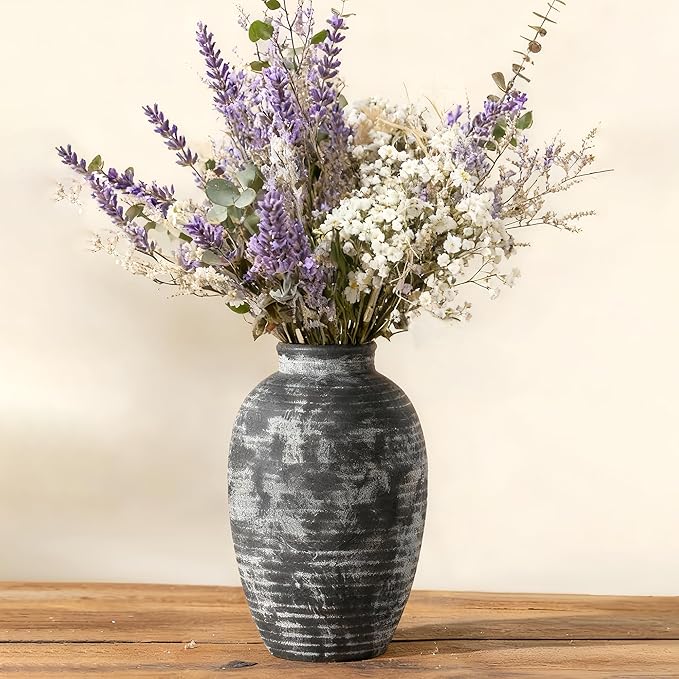Farmhouse Rustic Ceramic Vase, 10.6 inch Gray-White Textured Modern Weathered Pottery Terracotta Vintage Vases for Home Decor Enterway Coffee Table Mantel Shelf Decorative (Tall - B)