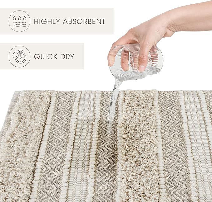 Ink+Ivy Bath Rug Hand-Woven Texture Shaggy Striped Soft & Water Absorbent, Boho Bathroom Décor Bath-Mats, Non-Slip Absorbent Quick Dry Mats for Tub, Shower Room, Asher, 20x32 Natural