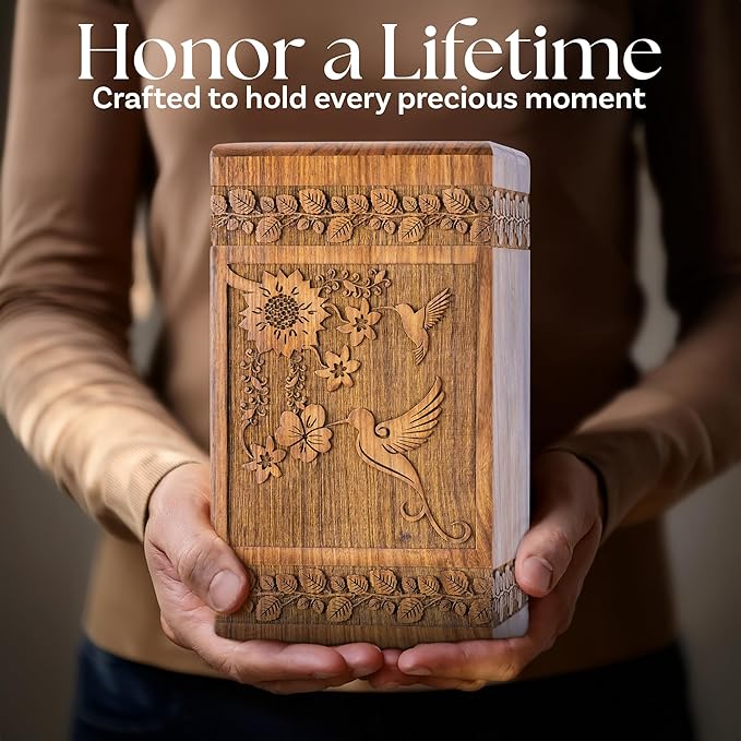INTAJ Handcarved Rosewood Hummingbird Urn for Human Ashes Adult Male Female - Floral Carving 250 lbs Capacity - Wooden Cremation Urn Box Suitable for Burial Funeral Decorative Memorial Casket