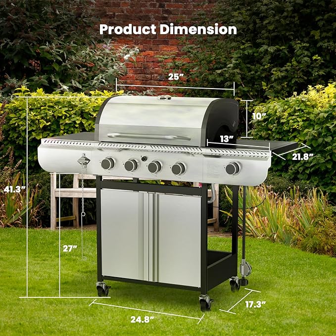 Electactic G41 Gas Grill,4-Burner Gas BBQ Grill with Side Burner, Porcelain-Enameled Grills, 42,000 BTU Stainless Steel Propane Grill for Outdoor Cooking and Patio Barbecues