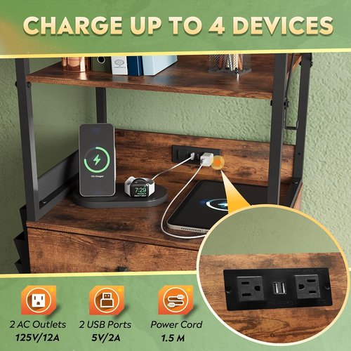 DEVAISE 2 Drawer File Cabinet - Lockable Design with Charging Station & Adjustable Shelf | Rustic Brown