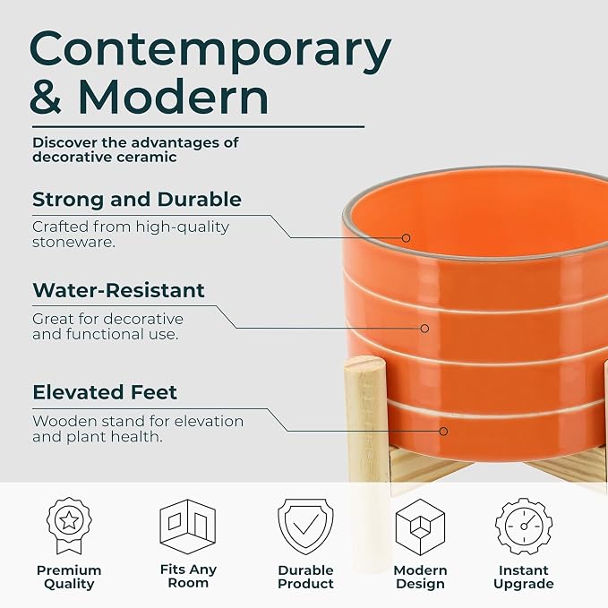 Striped Ceramic Planters with Wooden Stand as Home Decor Flower Pots for Entryway, Patio, Tabletop, and Garden - Small Colorful Decorative Pots for Indoor and Outdoor Plants - 6", Orange & Tan