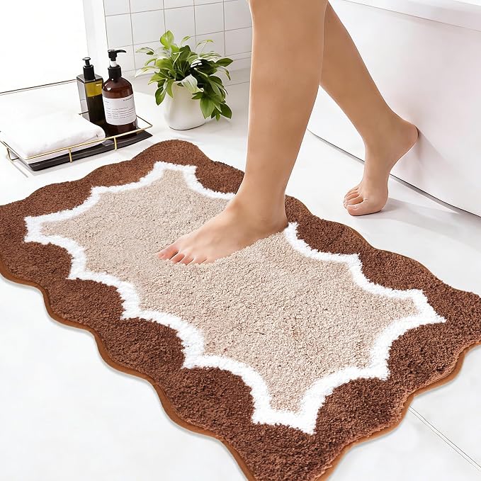 Cute Scalloped Brown Bathroom Rugs Mat,Non Slip Absorbent Quick Dry Bath Mats for Shower Room,Microfiber Bath Mats for Bathroom Floor Washable Carpet for Shower Tub Sink Bedroom,20"x32"