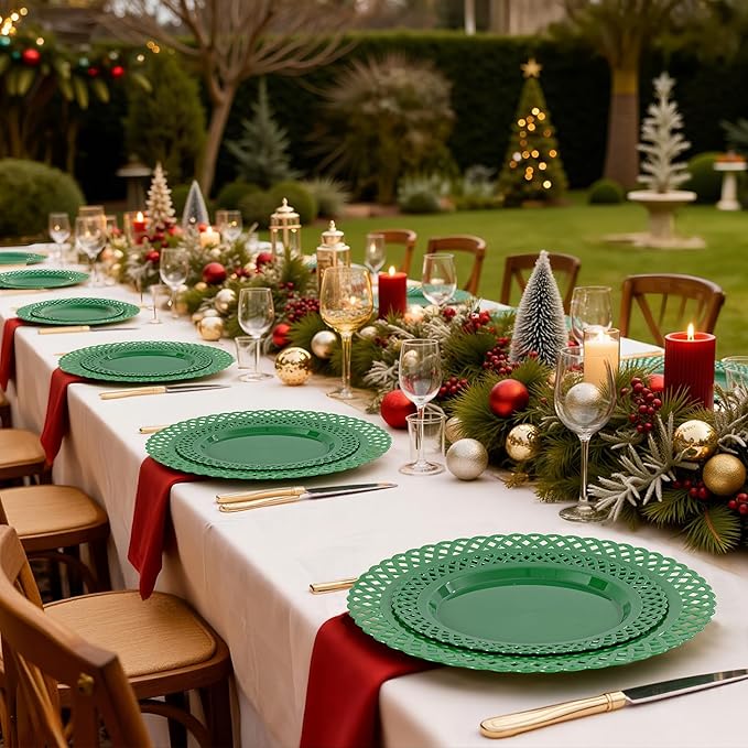 COLOSUS 60Pcs Green Christmas Plastic Plates, Fancy Green Scallop Plates, Heavy Duty Lace Hollowed Out Plate include 30 Dinner plate 10” and 30 Salad/Dessert plate 7.5”for Christmas