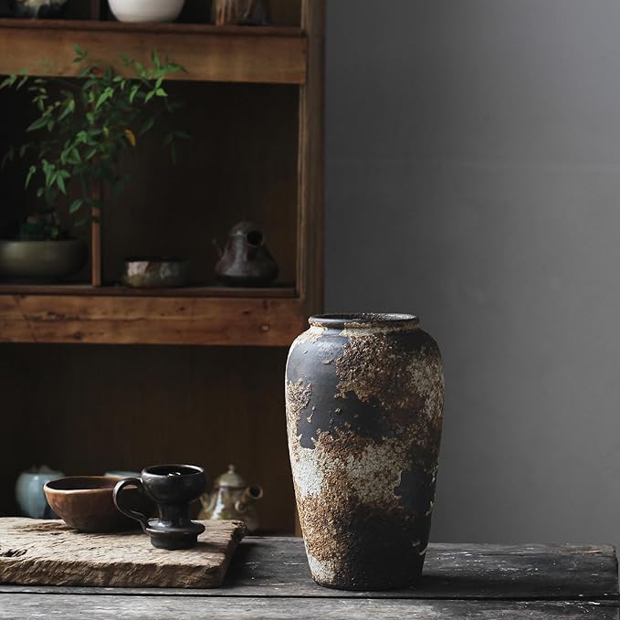 Denique Rustic Vase for Home Decor, Farmhouse Terracotta Vases, Large Ceramic Vase for Living Room Decor, Black Pottery Vase Large Clay Vase, Rustic Farmhouse Tabletop Decor(C-29cm)