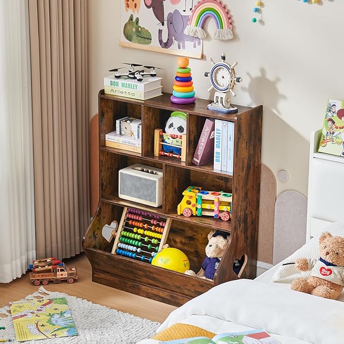 Lerliuo Kids Toy Storage Organizer, 3 Tier Children Small Bookcase and Bookshelf, Toddler 7 Cubby Toy Storage Cabinet, Toy Shelf for Playroom, Bedroom, Living Room, Nursery, School 29.53'' H (Brown)
