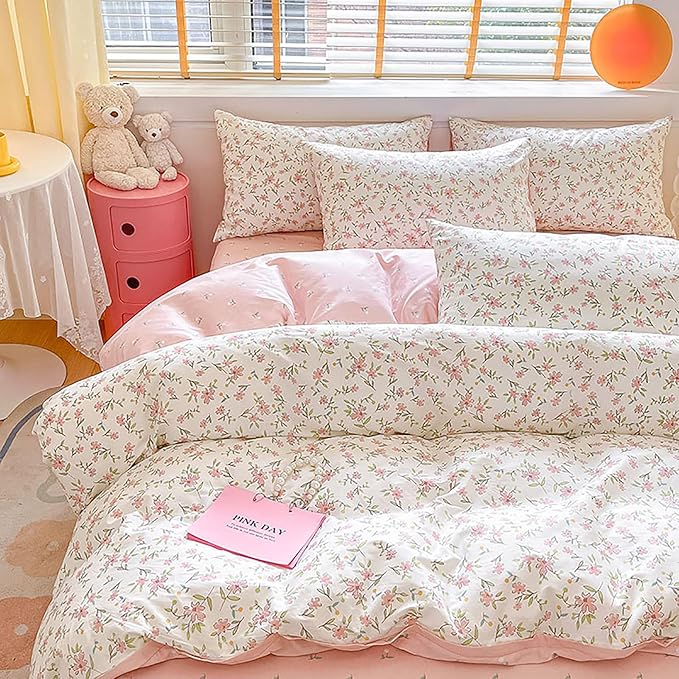 EAVD Girls Floral Duvet Cover Twin White Soft 100% Cotton Small Cute Floral Botanical Bedding Set with 2 Pillowcases Chic Shabby Vintage Garden Floral Botanical Duvet Cover with Zipper Closure