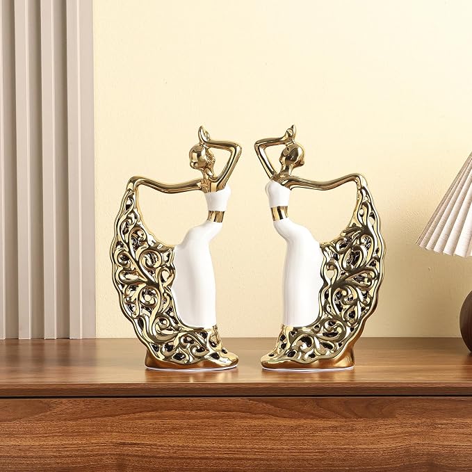 2 Pcs Ceramic Statues Home Decor, Dancer Women Sculpture Figurine, Modern Aesthetic Abstract Art Decorative Accent for Living Room Bedroom Bookshelf Dining Table Centerpiece Office (White and Gold)