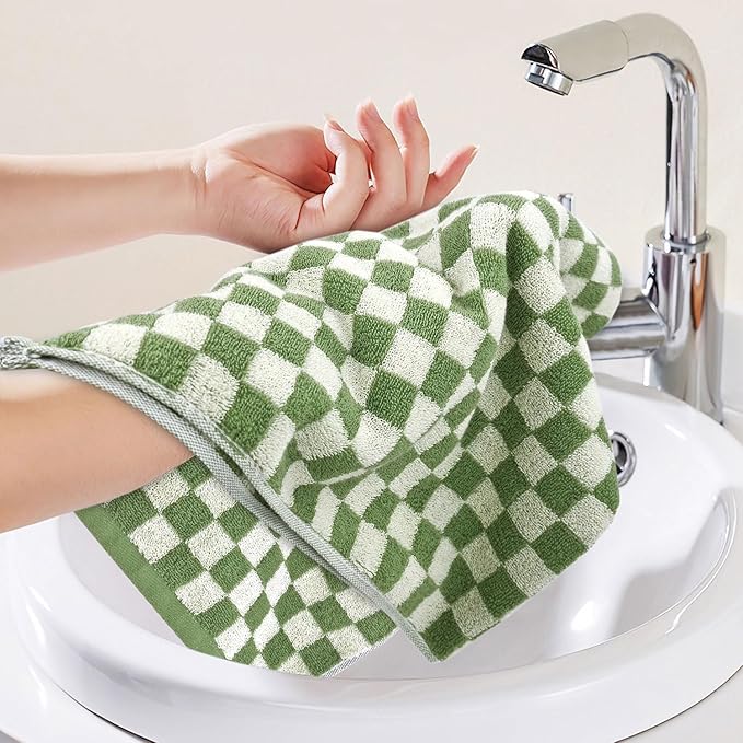 Jacquotha Green Hand Towels for Bathroom Set of 4 - Cute Checkered Bathroom Towels for Kitchen Decor, Lightweight for Bath Face Body
