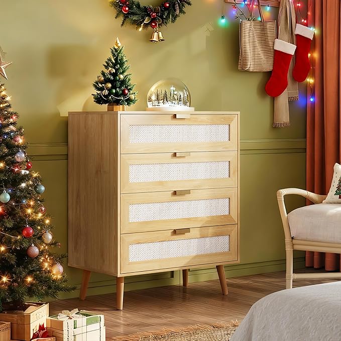 WLIVE Rattan Dresser for Bedroom, 4 Drawer Wooden Boho Dresser Storage with Gold Metal Handle, Chest of Drawers for Living Room, Closet, Hallway, Light Oak