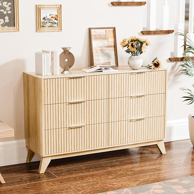 VINGLI Fluted Dresser for Bedroom, Wood Dresser 6 Drawer with Rounded Edges, Mid Century Modern Dressers Natural Wood Color, 46.8" W*15.6" D*31" H