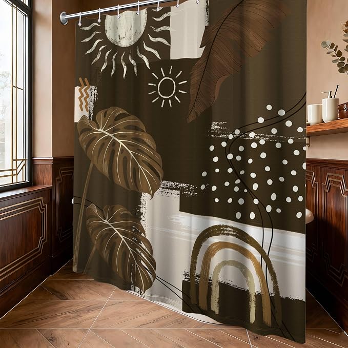 Dark Brown Mid Century Modern Shower Curtain Boho Abstract Khaki Earth Tone Shower Curtains for Bathroom Decor Sets, Waterproof Cloth Fabric with Hooks, 70 x 72 Inch