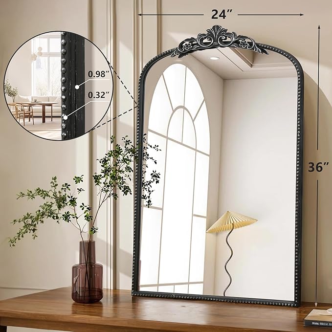 Micasso Vintage Wall Black Mirror: 24"x36" French Baroque Antique Mirror - Traditional Ornate Decorative Arched for Wall/Bathroom/Entryway/Fireplace/Hallway/Living Room - Home Decor for Bathroom