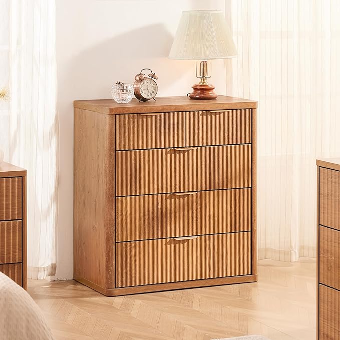 LEYAOYAO Fluted 5 Drawers Dresser for Bedroom, 34" Tall Modern Chest of Drawers with Metal Handle, Curved Profile Design,Brown Wood Drawer Organizer for Bedroom, Living Room, Hallway, Entryway