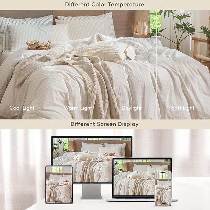 MooMee Striped Duvet Cover Set 100% Washed Cotton Linen Like Textured Breathable Durable Soft Comfy (White Almond Milk Grey Wide Stripes, Palatial King/Oversized King 120"x98")