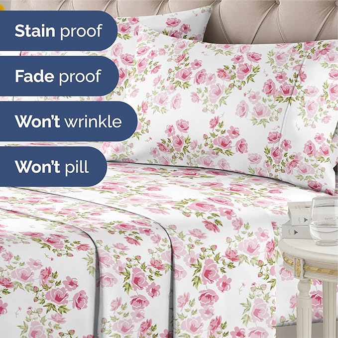 Floral Sheets - Pink Floral Bed Sheet Set - 1 Flat, 1 Fitted & 2 Pillowcases w/ Deep Pockets - Comfy, Wrinkle & Fade Free - Boho Botanical Bedding - Ultra-Soft, Breathable & Cooling - Queen Size Set