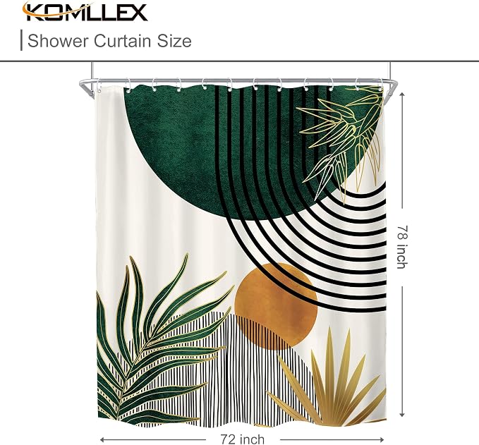 KOMLLEX Mid Century Green Boho Shower Curtain 72Wx78L Inches Abstract Modern Shower Curtains for Bathroom Decor Plant Botanical Minimalist Leaf Arch Sun Fabric Liner Waterproof Polyester 12 Pack Hooks
