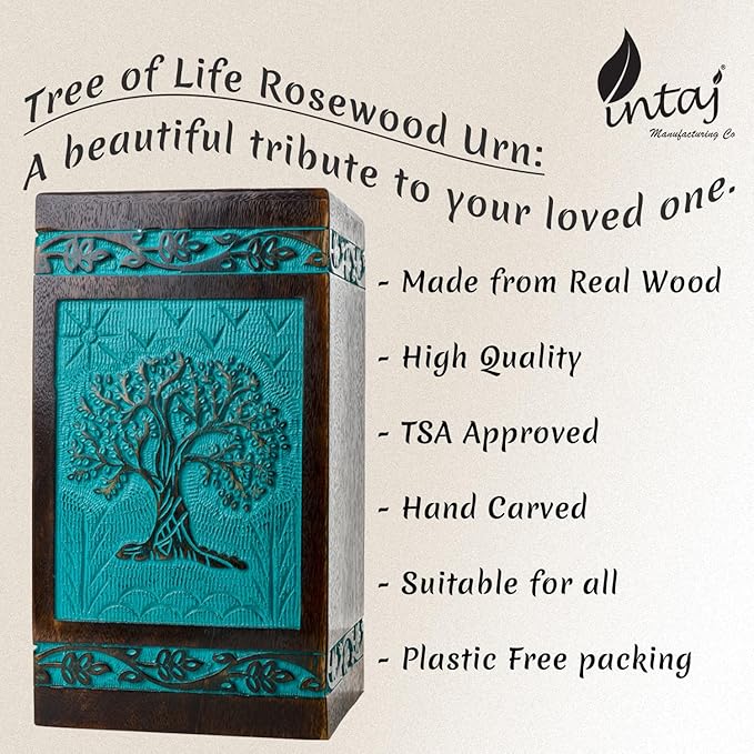 INTAJ Cremation Urn for Human Ashes - Wooden Urn Box for Ashes Handcrafted - Tree of Life Memorial Urn Funeral Cremation Urns (Teal Green, XX-Large (640lbs or 290kg))