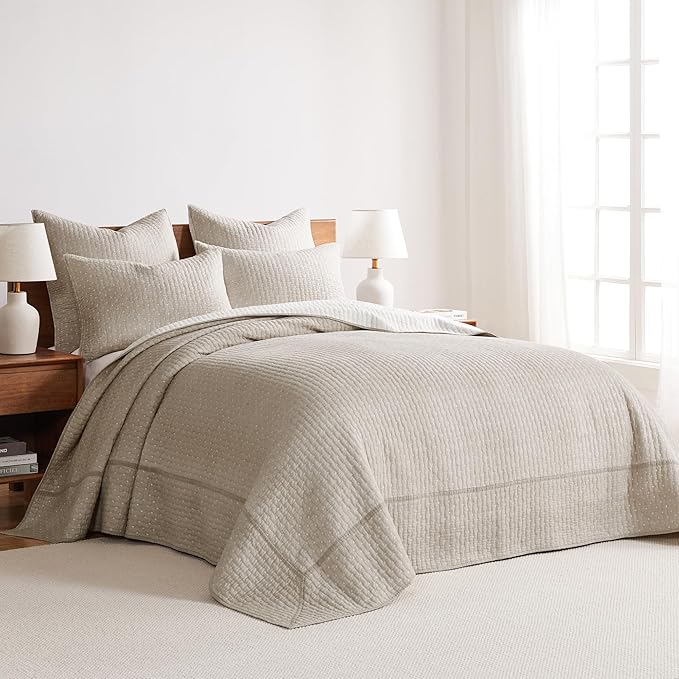 Levtex Home Cross Stitch Reversible Queen Bedspread Set (104x106in) with 2 Pillow Shams (26x20in) - Stitch Texture - Taupe - Cotton Queen Size Bedspread Set - Lightweight, Soft, Pre-Washed
