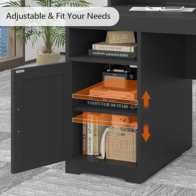 TVU Farmhouse Computer Desk with Drawers, 65'' Home Office Desk with Power Outlets, Storage Cabinet and Printer Stand, Study Writing Desks with Long Monitor Stand, Black