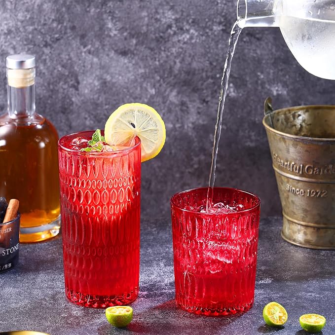 Loivttvv Glassware Drinking Glasses Set of 8, 14 oz Highball Glasses & 10 oz Ribbed Glass Cups, Vintage Glassware for Water, Juice, Cocktail (Christmas Red)