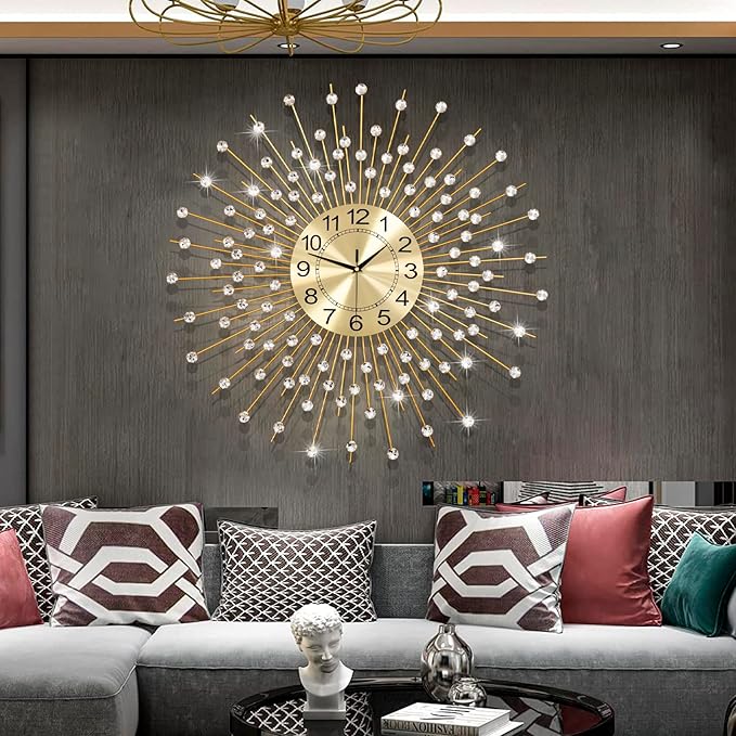 Extra Large Wall Clocks for Living Room Big Modern Wall Clock Silent Battery Operated Non-Ticking for Bedroom Office Kitchen Home 28 Inch Gold Clock Crystal Home Decorative