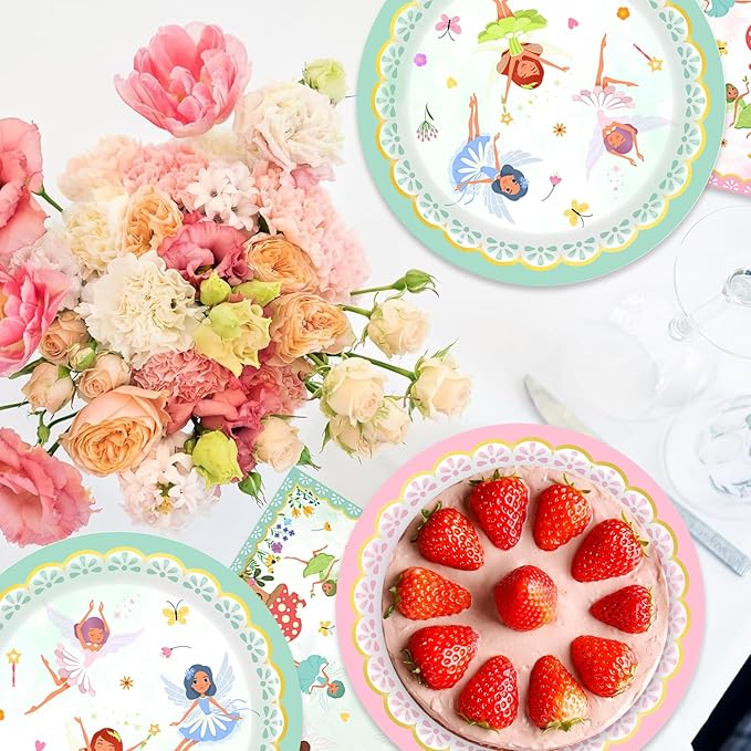 40Pcs Fairy Birthday Party Decorations Pink Flower Baby Shower Paper Plates and Napkins Party Supplies Fairy First Birthday Decorations