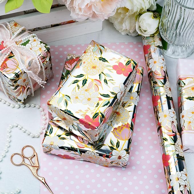 Yarcony Reversible Floral Wrapping Paper Roll, Bridal Shower Wrapping Paper, Colorful Flower Gift Wrap with Metallic Foil Shine for Birthday, Wedding, Mother's Day, Valentine's Day(17 Inch X 33 Feet)