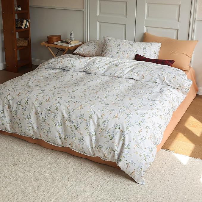 EAVD Vintage Style Garden Botanical Floral Duvet Cover Twin Girl Soft Cotton Chic Floral Botanical Bedding Set with 2 Pillowcases Fresh Reversible Botanical Duvet Cover with Zipper Closure