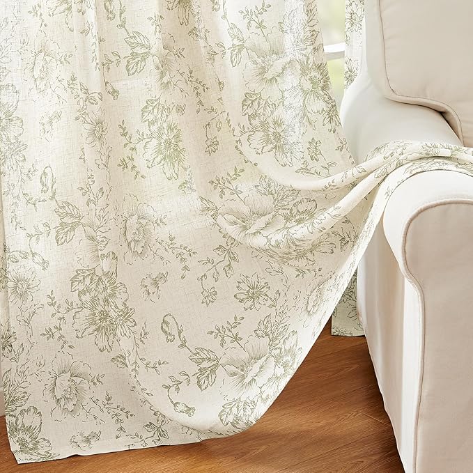 jinachan Linen Blend Floral Curtains for Living Room 84 Inch Length Christmas Sage Green Printed Curtain Rod Pocket Back Tab Farmhouse Peony Flower Patterned Drapes Bedroom Curtains Set 2 Panels