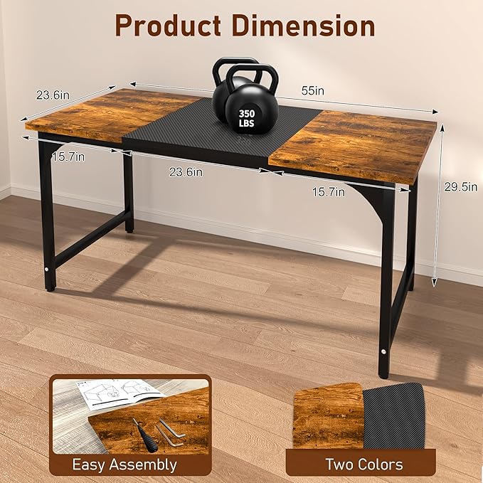 55inch Computer Desk with Deeper Carbon Fiber Desktop, Gaming Office Desk with Sturdy Metal Frame,Home Office Desk for Gaming, Working, Studying, Rustic Brown