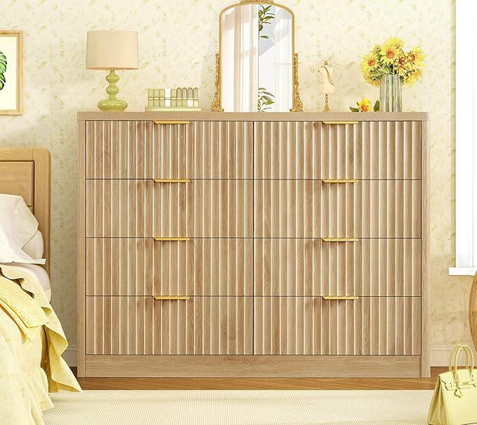 TEENOFN Fluted Dresser for Bedroom with 8 Drawers, 47.2" Wide Modern Chest of Drawers with Metal Handle, Dresser TV Stand, Wood Closet Clothes Storage Organizer for Living Room, Hallway, Natural