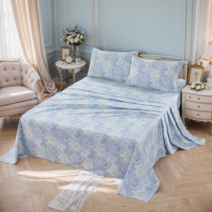 Brandream King Size Sheet Set Luxury Floral Boho Medallion Blue Paisley Bedding Collections 800 Thread Count 100% Egyptian Cotton Deep Pocket, 4 Piece