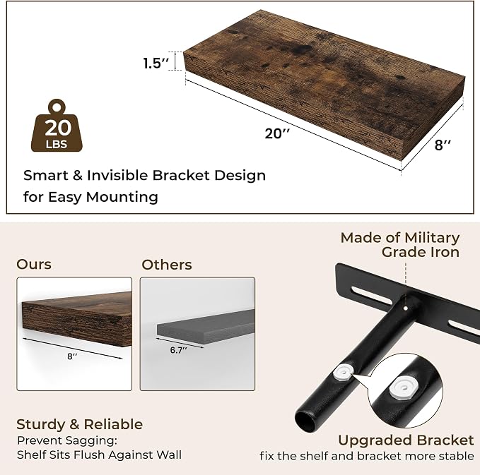 RICHFOCUS 20Inch Floating Shelves for Wall 2 Pack Shelves for Bedroom|Kitchen|Bathroom|Laundry Room Rustic Wood Wall Mounted Shelf with Invisible Brackets for Books|Storage|Decor, Rustic Brown