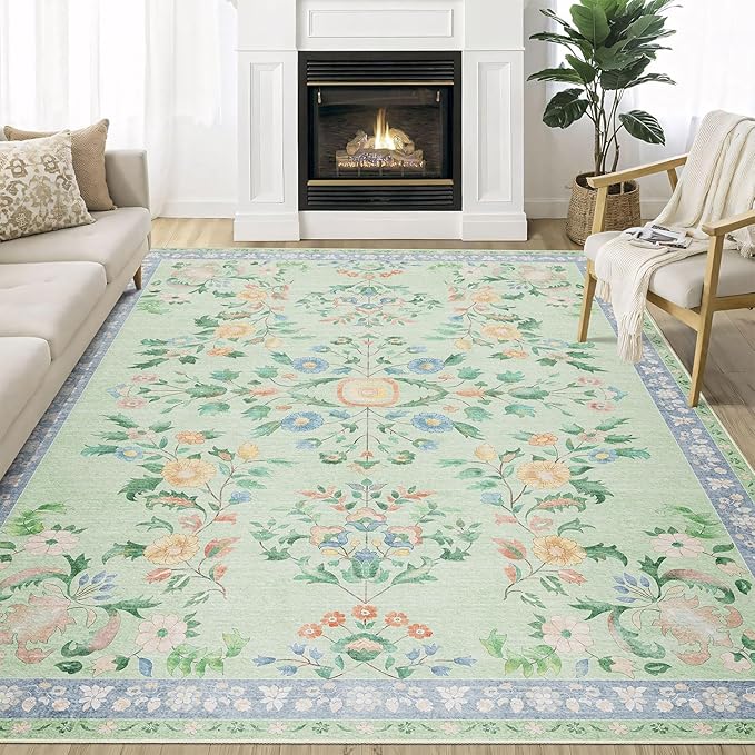 MUJOO 5x7 Area Rugs Washable,Green Floral Rugs for Living Room Bedroom Dining Room Playroom,Boho Indoor Floor Rug Large Non Slip Throw Carpet Low Pile Vintage