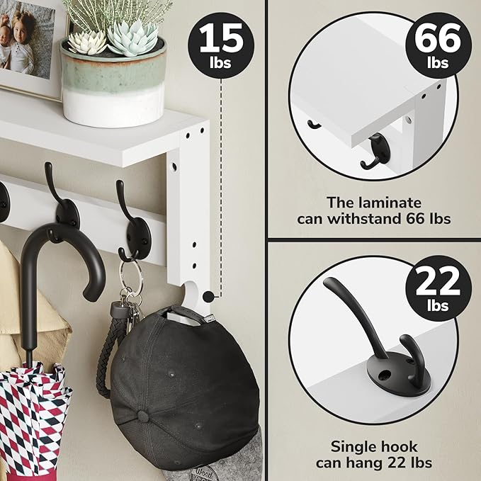 AMBIRD Coat Rack Wall Mount with Shelf, Coat Hook Rack Wall Mounted, Hat Wall Hooks for Hanging in Entryway, Living Room, Bathroom, Bedroom (White)