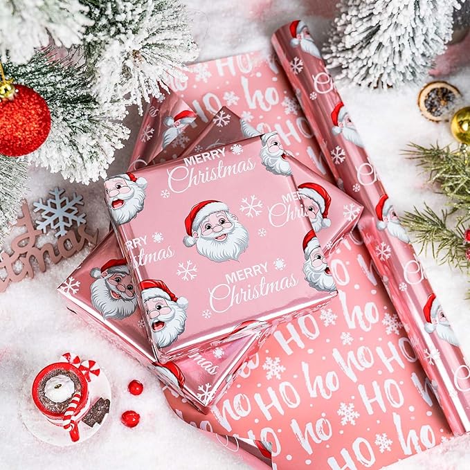 MAYPLUSS Pink Christmas Wrapping Paper Roll - 17IN X 33FT - Santa Claus Gift Wrapping Paper Featuring Merry Christmas Snowflake Reversible HO for Kids, Holiday, New Year