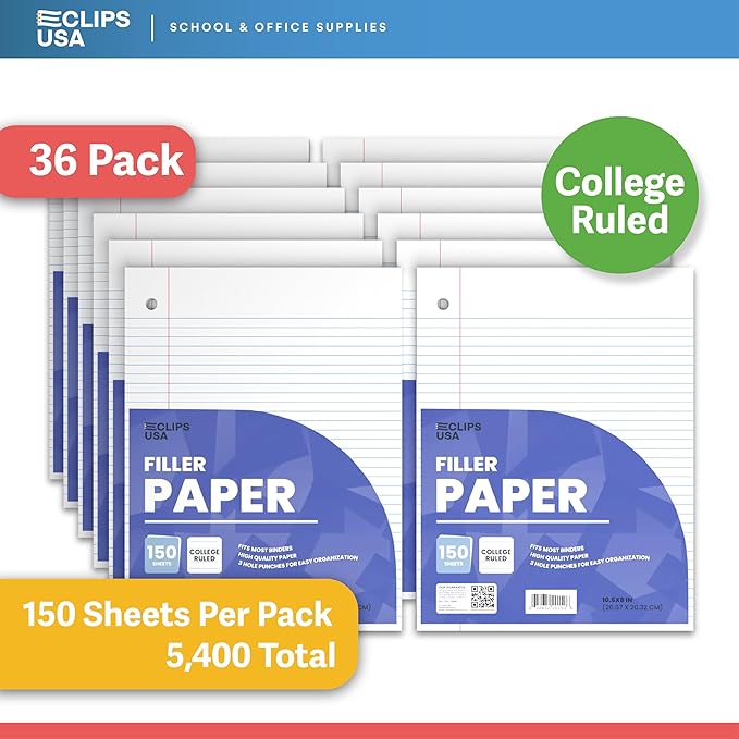 Loose Leaf Paper College Ruled Notebook Paper College Ruled Lined Writing Filler Paper 10.5” x 8” 5400 Sheets 150 Sheets Per Pack 60 gsm (36 Pack)