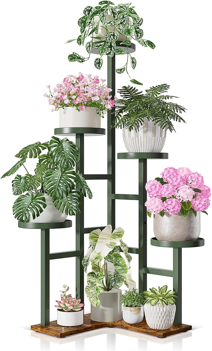 5 Tiered Plant Stand Indoor with 7.1 Inch Wide Tray, Corner Metal Stand Plant Outdoor Flower Holder Stand, Wood Tall Rack for Display Shelf for Patio Porch Office - GreenDisk