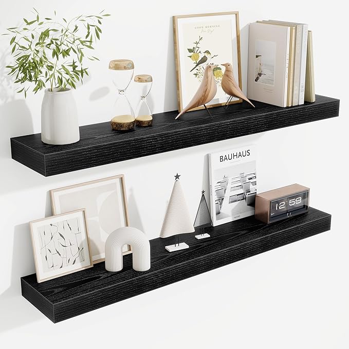 Fun Memories Floating Shelves for Room Wall, 36 Inch Long Shelf Set of 2， Hanging Wood Shelves for Storage & Display, Black