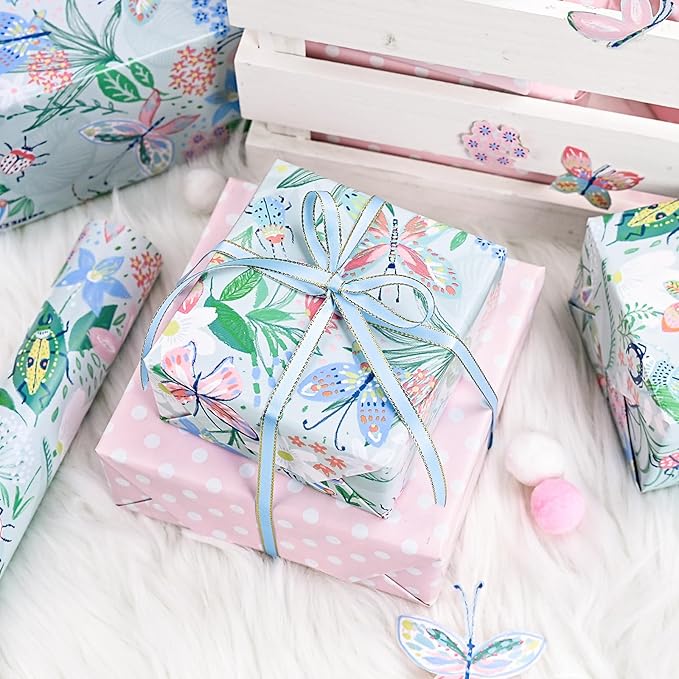 Burymento Reversible Butterfly and Floral Design Wrapping Paper Roll - Pink and white polka dot design on the other side, suitable for Valentine's Day, Birthday, Mother's Day, Wedding, Baby Shower